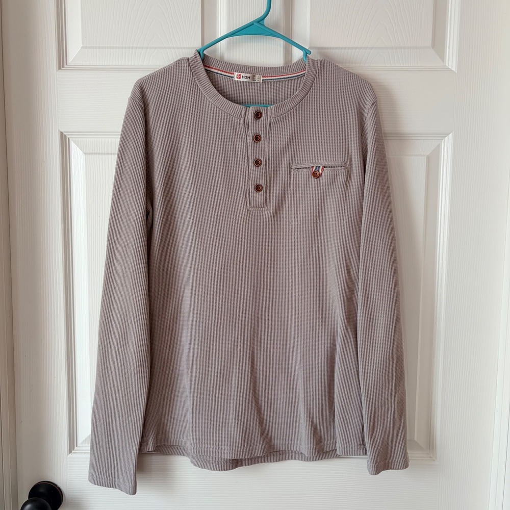H2H Mens Long‎ Sleeve Waffle Knit Henley Shirt Gray Cotton Thermal Size Large